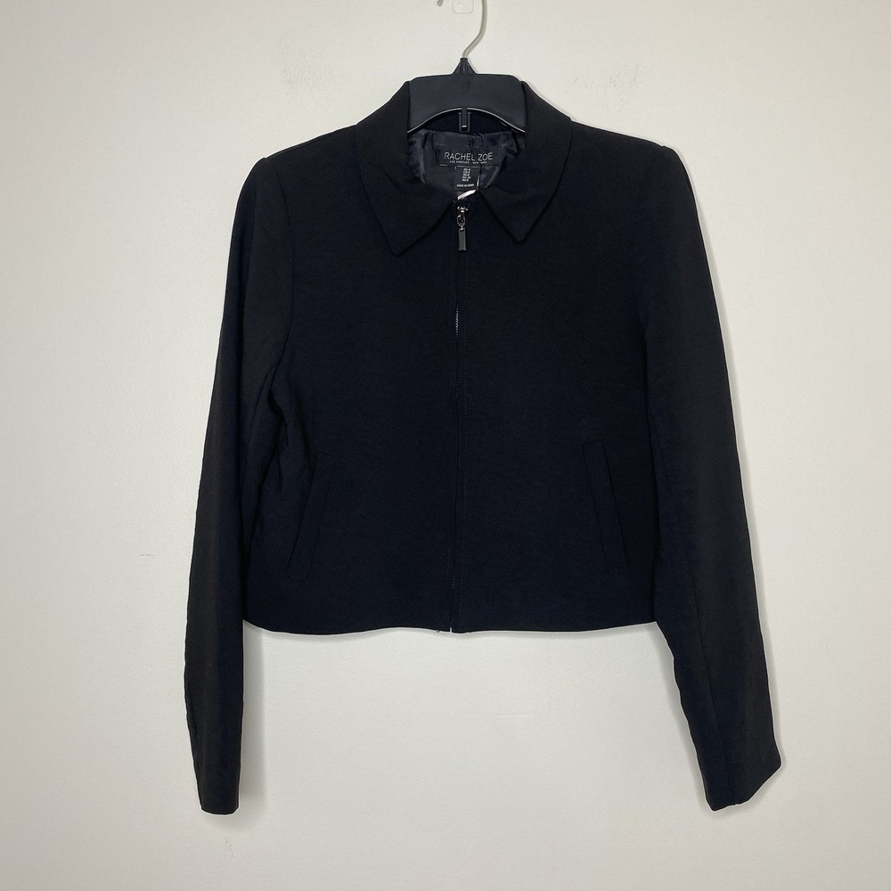 Rachel Zoe Black Cropped Jacket Lined Zip Front Minimalist Blazer Women's Size 4
